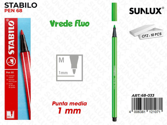 Stabilo Pen 68 Punta M Verde Fluo