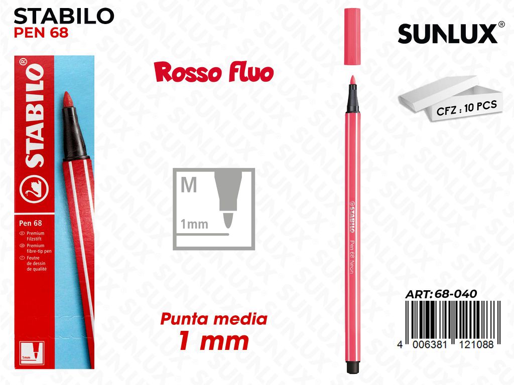 Stabilo Pen 68 Punta M Rosso Fluo
