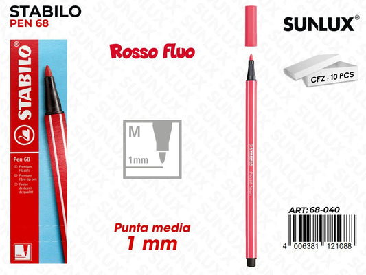 Stabilo Pen 68 Punta M Rosso Fluo
