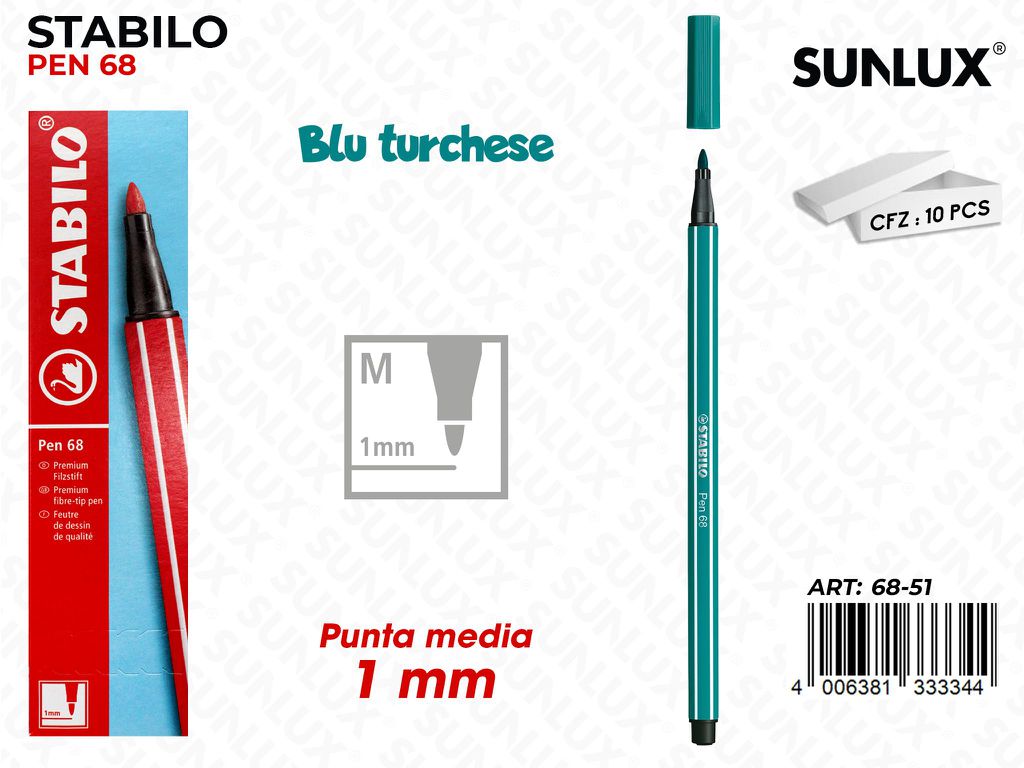 Stabilo Pen 68 Punta M Blu Turchese