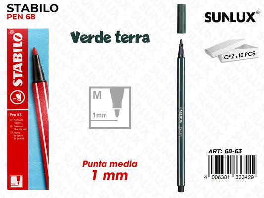 Stabilo Pen 68 Punta M Verde Terra