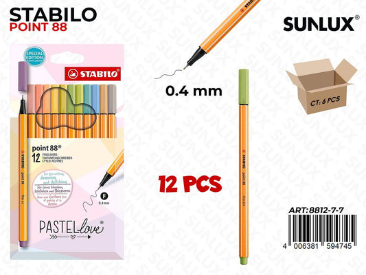 Ast. Stabilo Point 88 Pastellove 12PCS 0.4MM