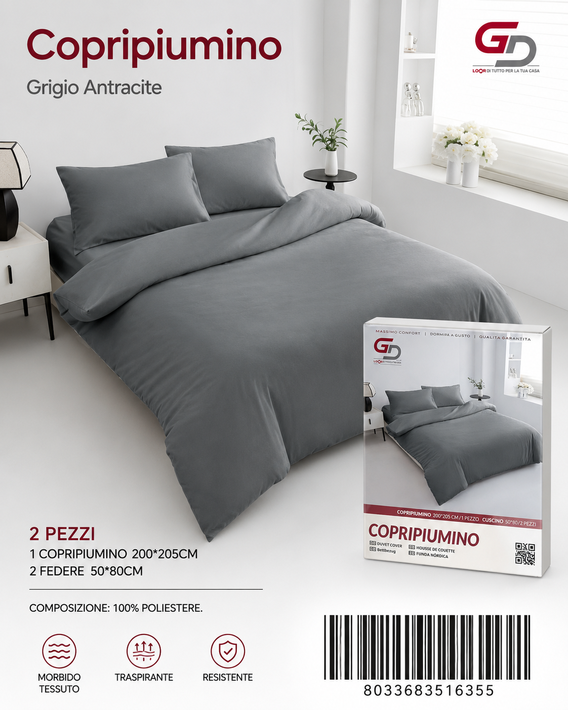 Parure Copripiumino Copripiumino+2 Federe Cuscino 200*205Cm 50*80+20Cm