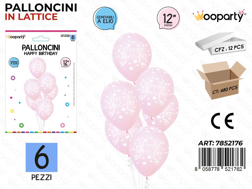 Wooparty Palloncini H. Birthday Rosa 6PCS 30CM
