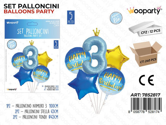 Set Palloncini H. Birthday 3 Azzurro 5PCS