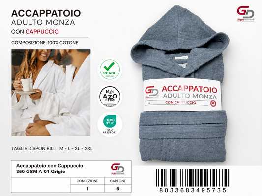 Accappatoio Hooded Bathrobe 350 Gsm A-01 Grey