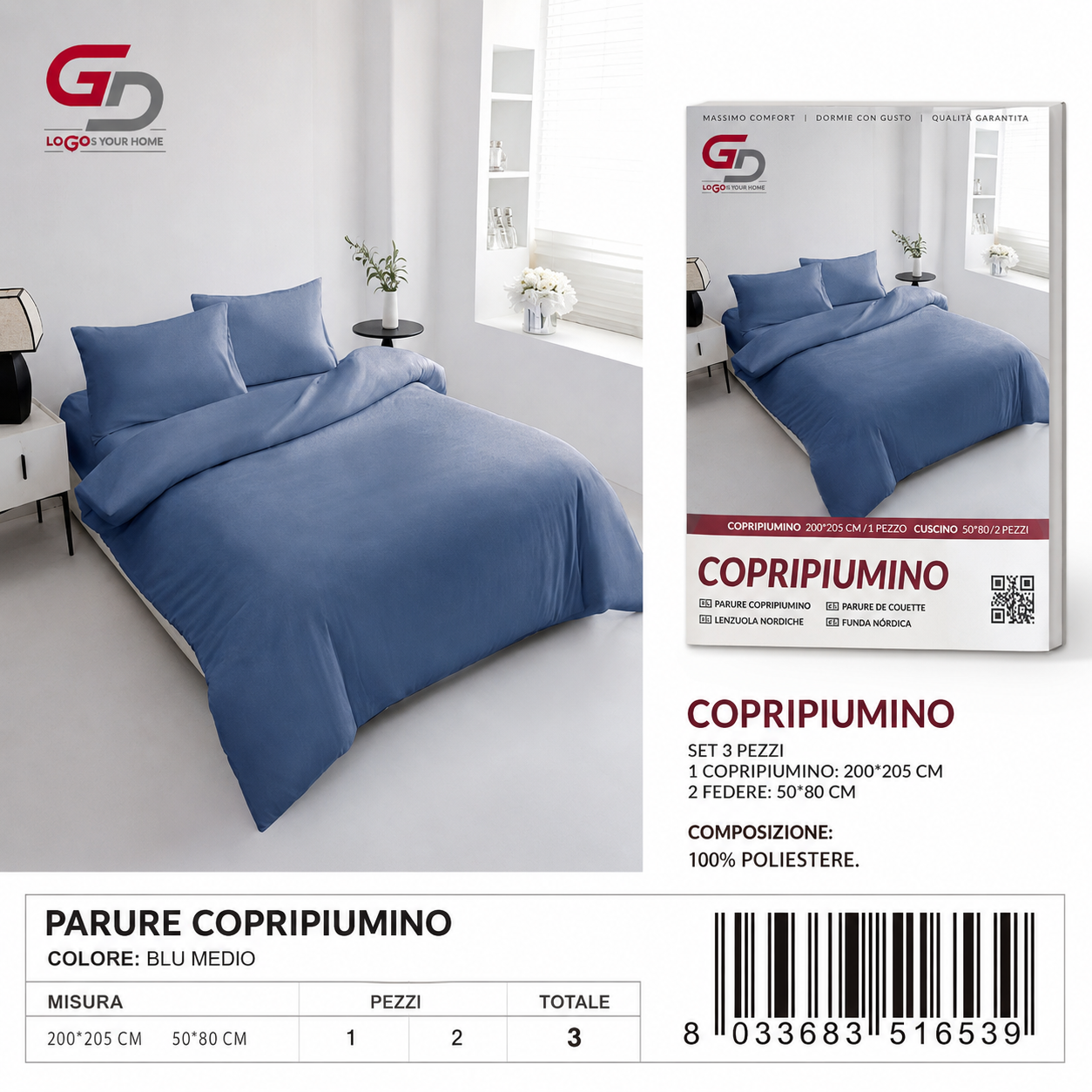 Parure Copripiumino Copripiumino+2 Federe Cuscino 200*205Cm 50*80+20Cm