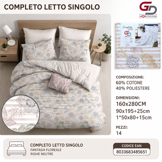 Completo Letto Singolo 160X280/90X195+25/1*50X805 Mz-232-Ltm Sheetset 60 Cotone 40 Poliestere