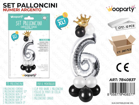 Set 15 Palloncini Argento c/ Corona Xl N.6