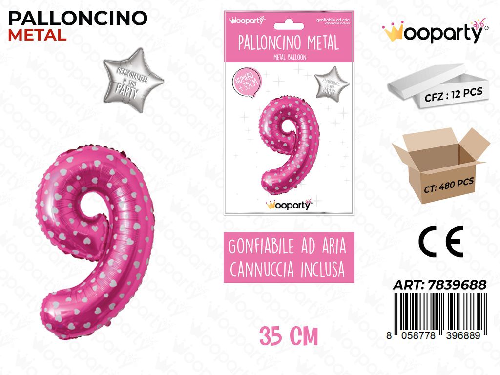 Palloncino Metal Rosa c/Cuore N. 9 35CM