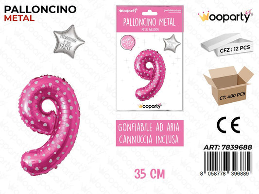 Palloncino Metal Rosa c/Cuore N. 9 35CM