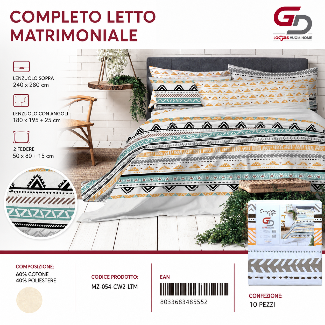 Completo Letto Matrimoniale 240X280/180X195+25/2X50X805 Mz-054-Cw2-Ltm Sheetset 60 Cotone 40 Poliestere