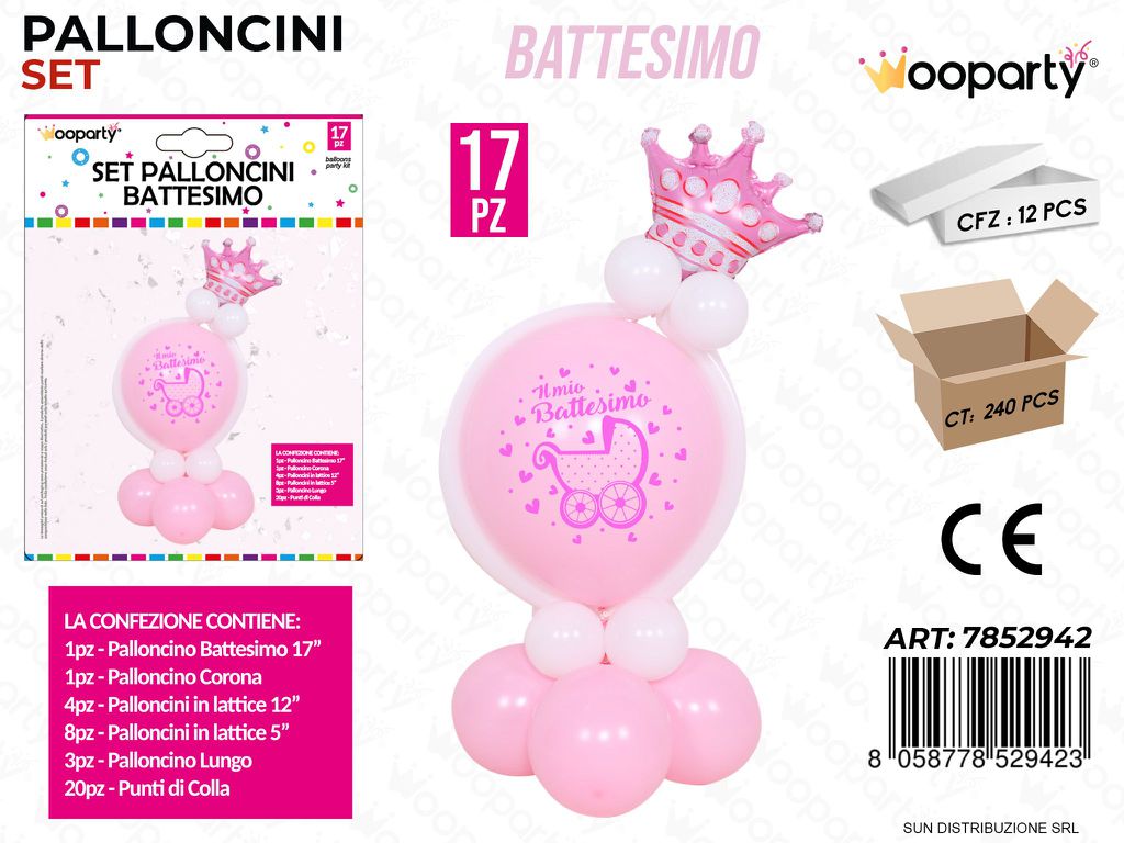 Set Palloncini Battesimo Rosa 17PCS Ass.