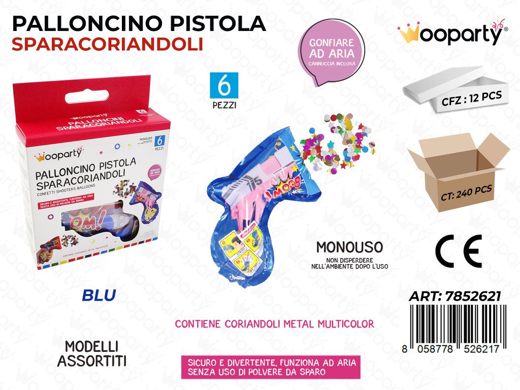 Palloncino Pistola Sparacoriandoli Blu 6PCS