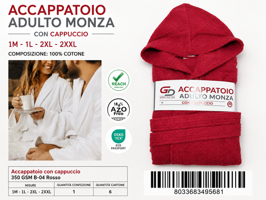 Accappatoio Hooded Bathrobe 350 Gsm B-04 Red