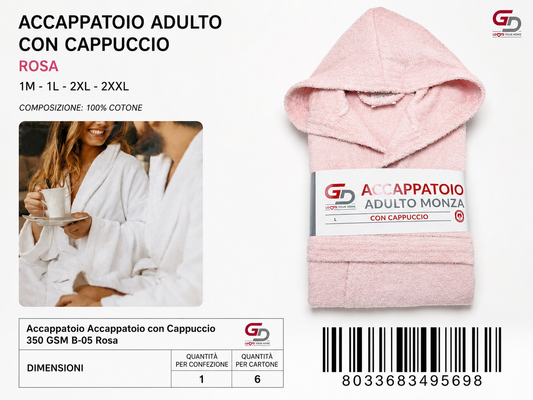 Accappatoio Hooded Bathrobe 350 Gsm B-05 Pink