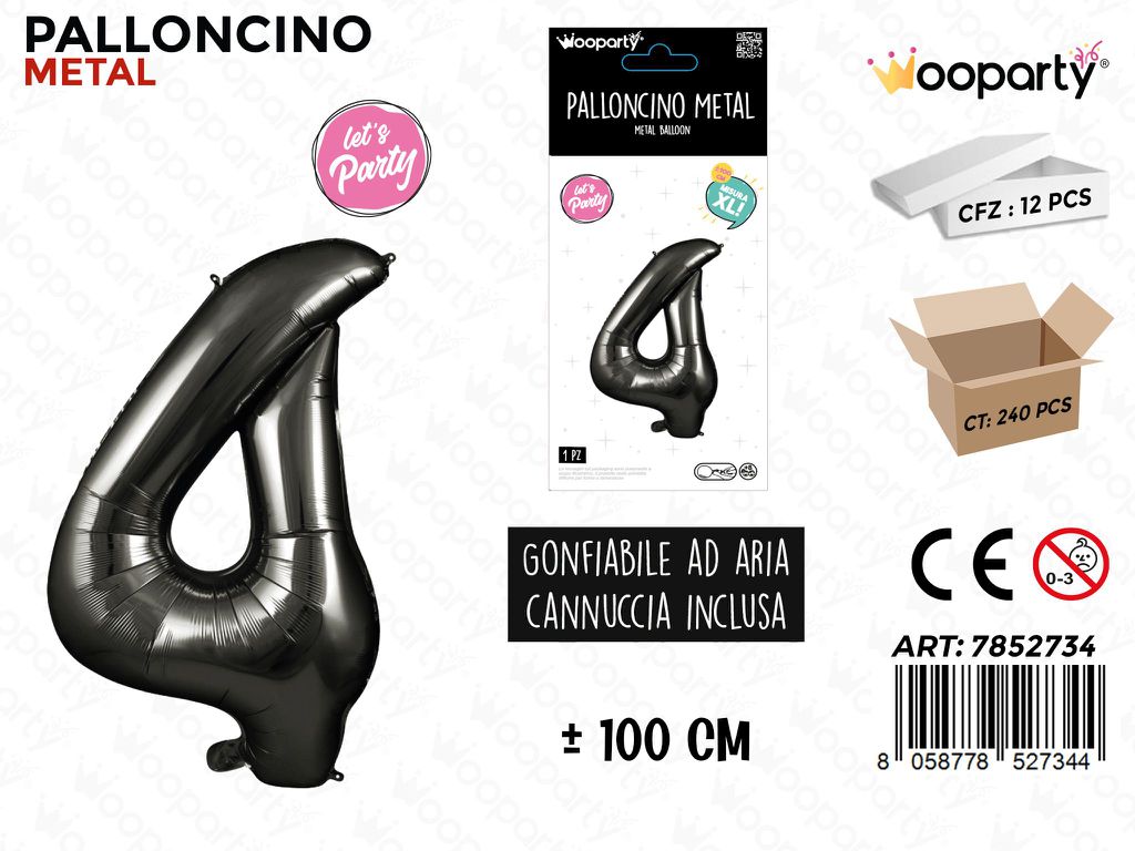 Wooparty Palloncino Metal Nero N.4 100CM