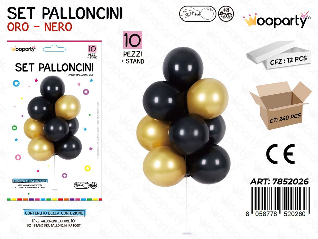 Wooparty Set Pallon. c/ Stand ORO*NERO 10PCS