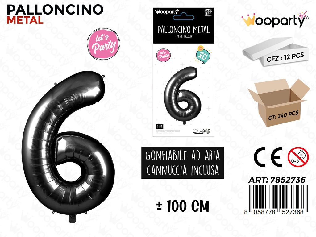 Wooparty Palloncino Metal Nero N.6 100CM