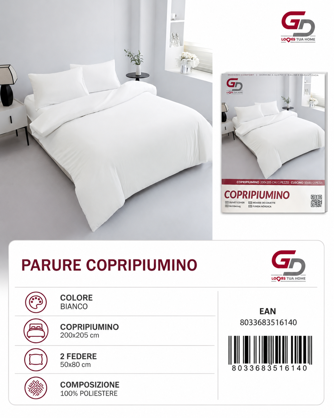 Parure Copripiumino Copripiumino+2 Federe Cuscino 200*205Cm 50*80+20Cm