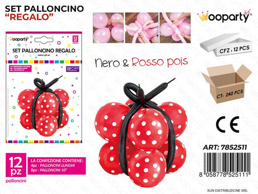 Set Palloncino Regalo NERO*ROSSO Pois 12PCS