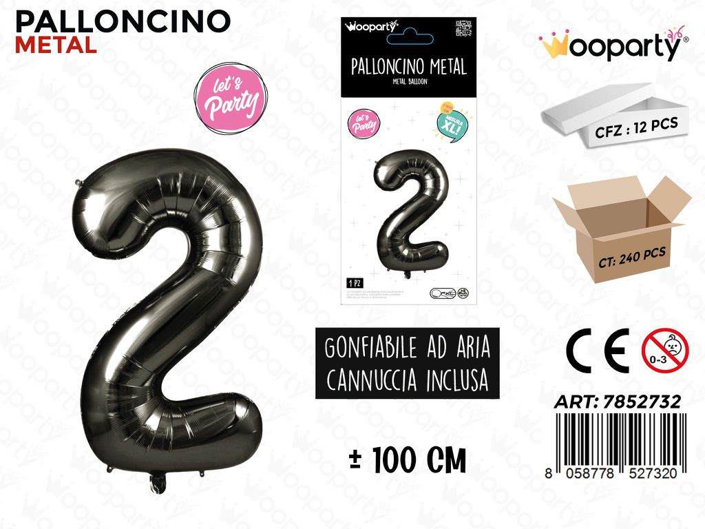 Wooparty Palloncino Metal Nero N.2 100CM