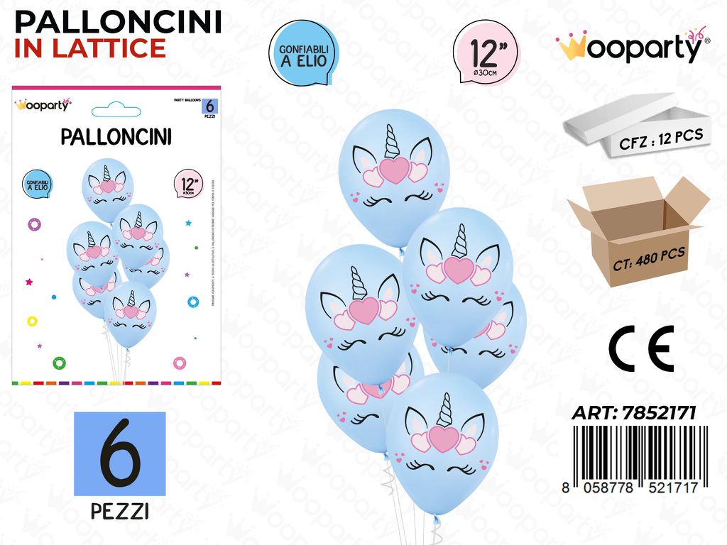 Wooparty Palloncini Unicorn Cel. 6PCS 30CM