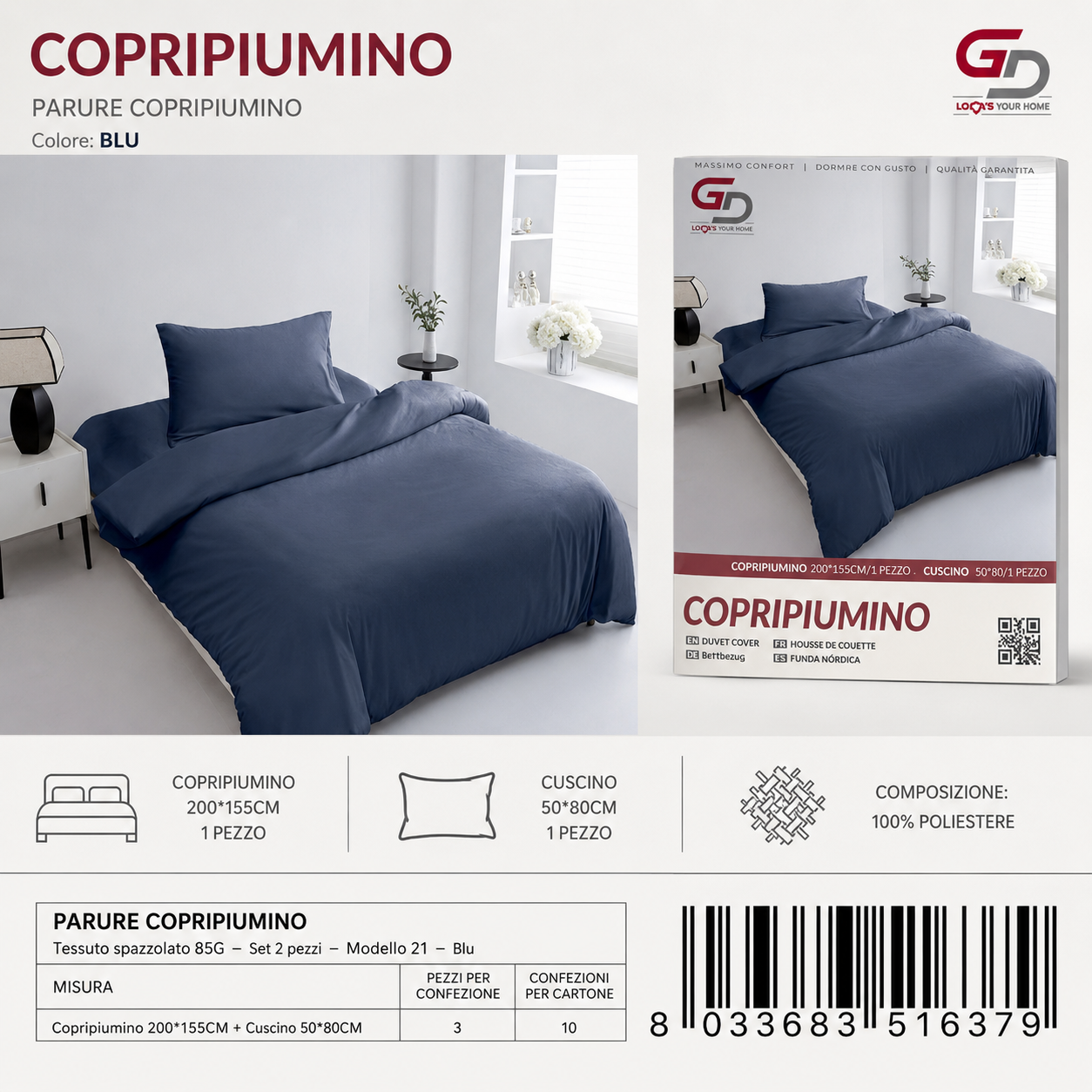 Parure Copripiumino Copripiumino+1 Federa Cuscino 200*155Cm 50*80+20Cm