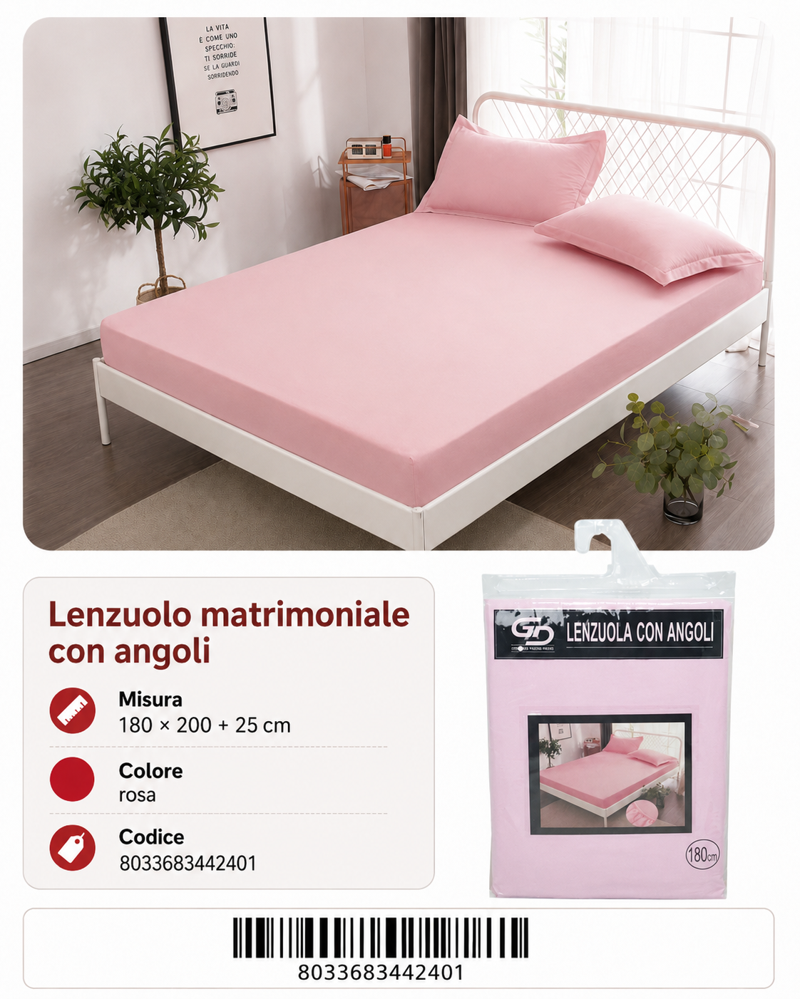 Lenzuolo Sotto Con Angoli Matrimoniale 180*200+25Cm