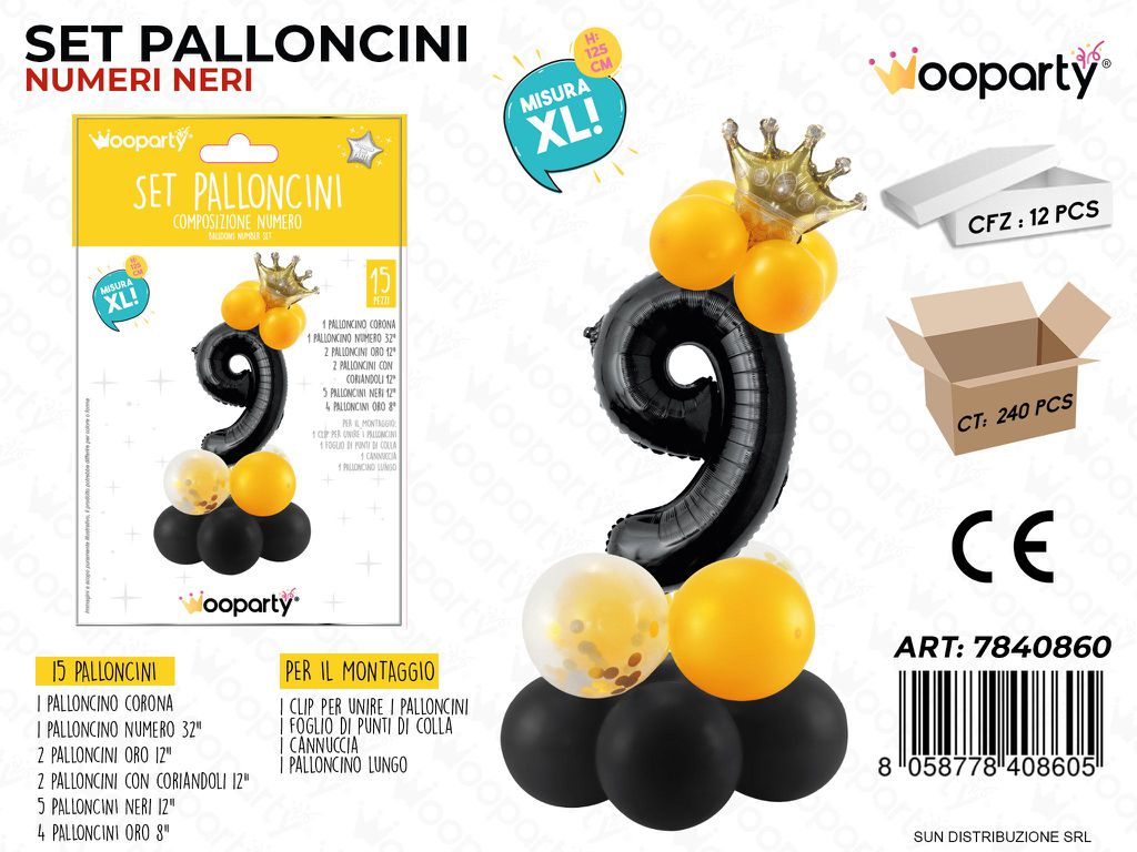 Set Palloncini N.9 NERO*ORO15PCS 125CM