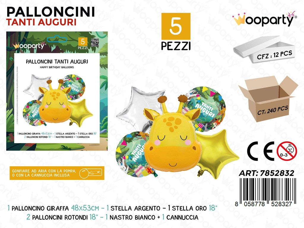 Wooparty Palloncini Tanti Auguri Giraffa 5PCS Ass.