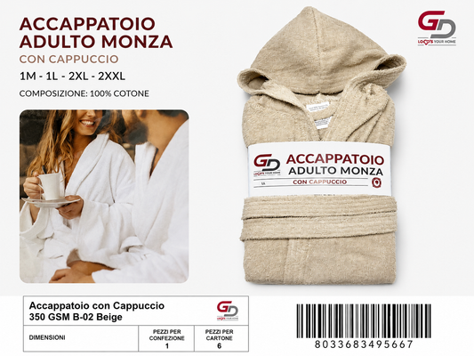 Accappatoio Hooded Bathrobe 350 Gsm B-02 Beige
