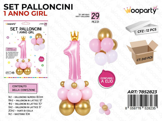 Set Palloncini Con Corona 80cm 1 Anno Girl 29PCS