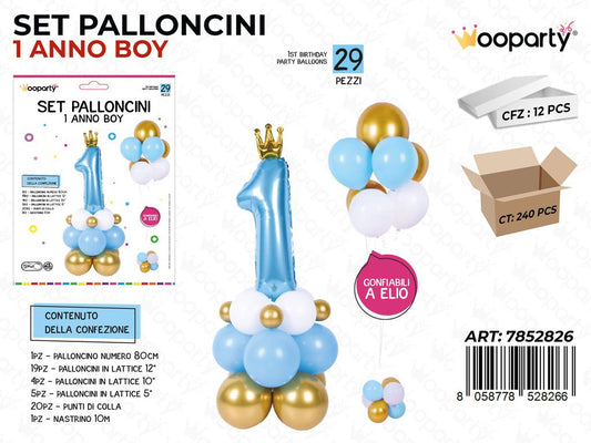 Set Palloncini Con Corona 80cm 1 Anno Boy 29PCS