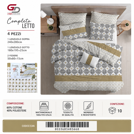 Completo Letto Matrimoniale 240X280/180X195+25/2X50X805 Ta 121-Ltm Sheetset 60 Cotone 40 Poliestere