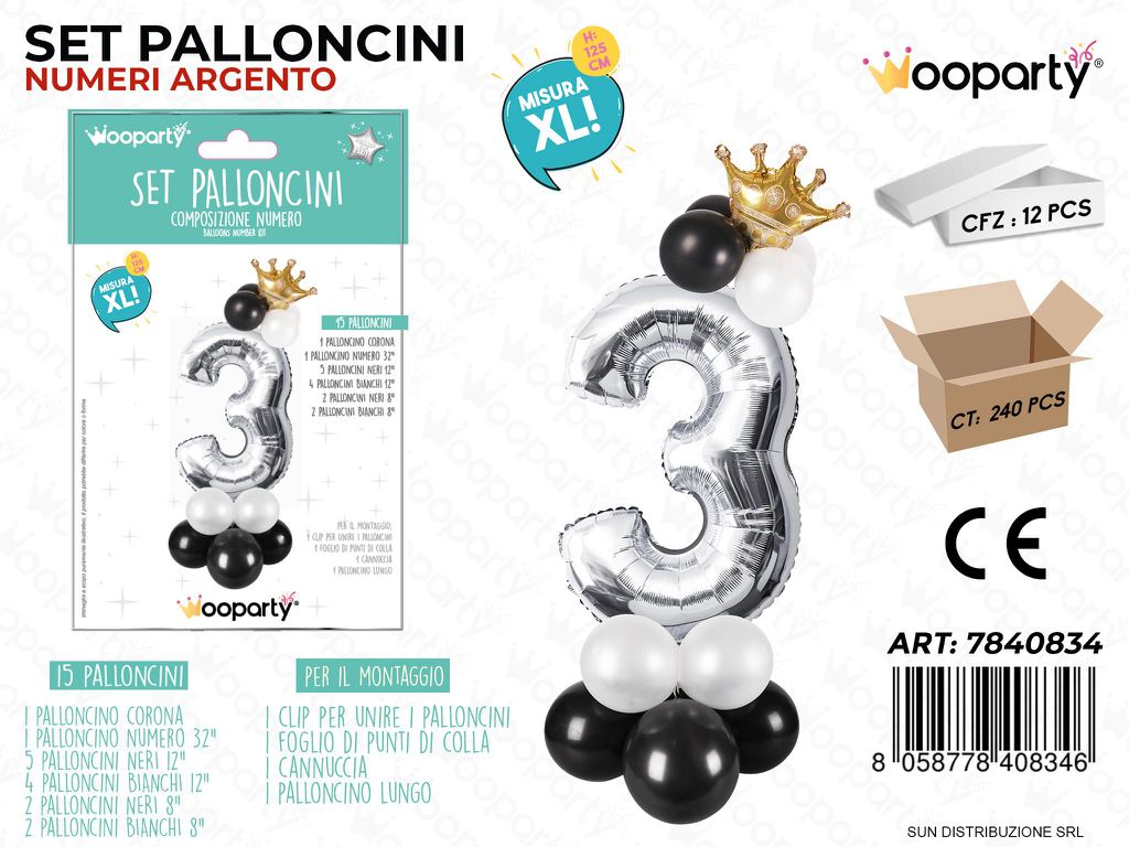 Set 15 Palloncini Argento c/ Corona Xl N.3