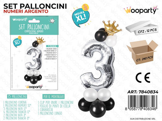 Set 15 Palloncini Argento c/ Corona Xl N.3