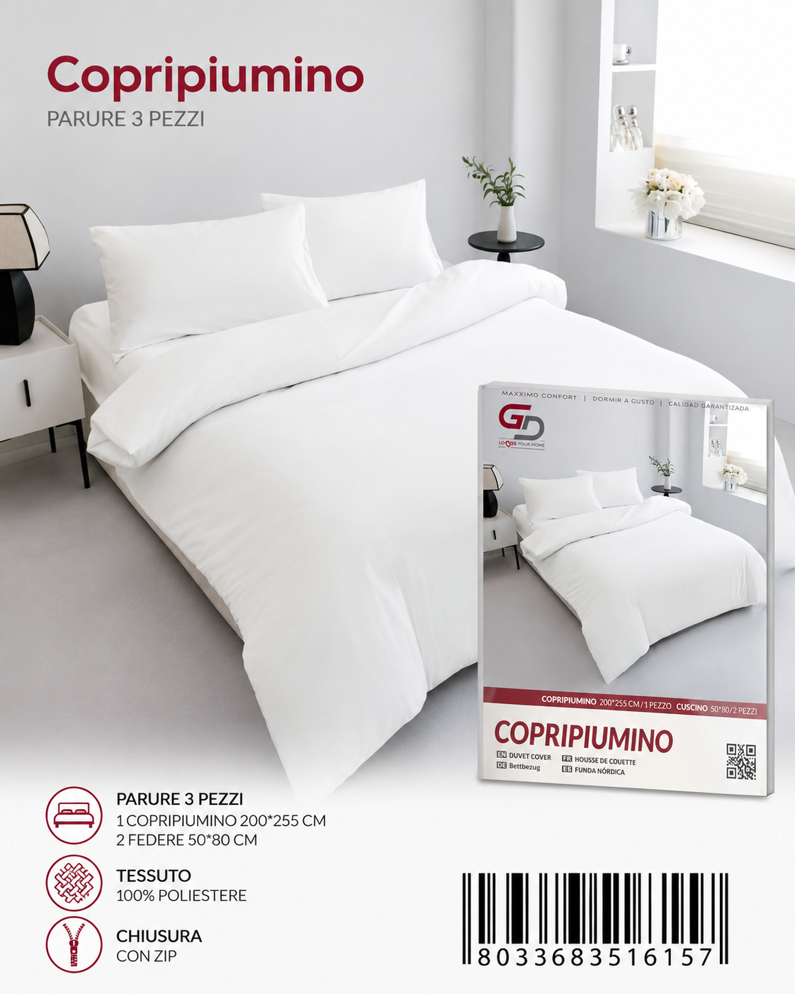 Parure Copripiumino Copripiumino+2 Federe Cuscino 200*255Cm 50*80+20Cm