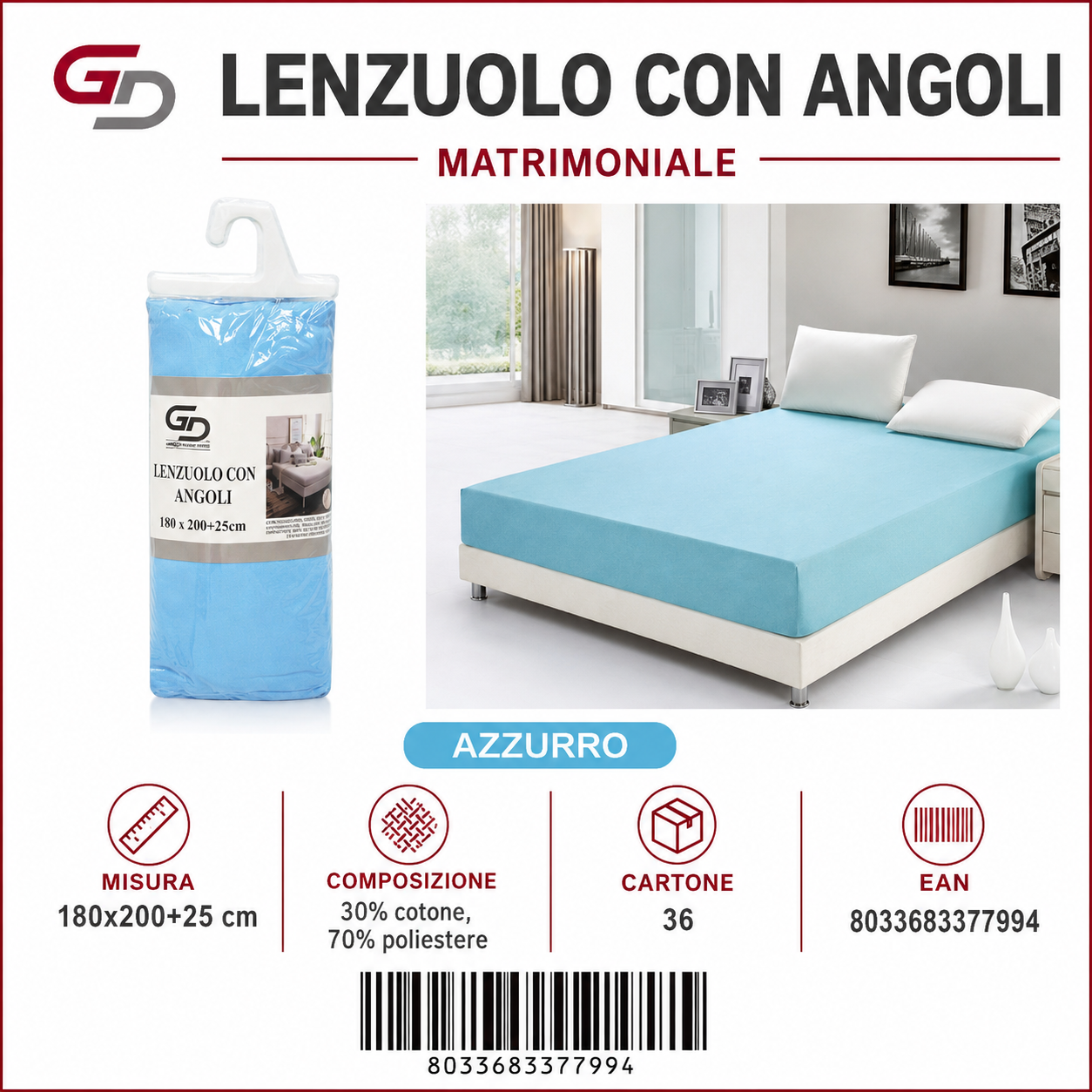 Lenzuolo Sotto Con Angoli Matrimoniale 180*200Cm+25Cm