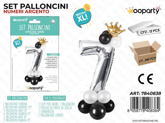 Set 15 Palloncini Argento c/ Corona Xl N.7