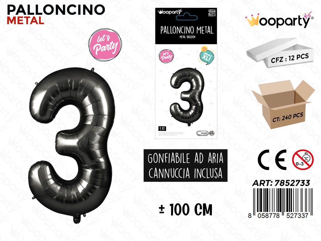 Wooparty Palloncino Metal Nero N.3 100CM