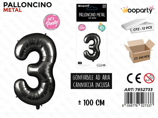 Wooparty Palloncino Metal Nero N.3 100CM