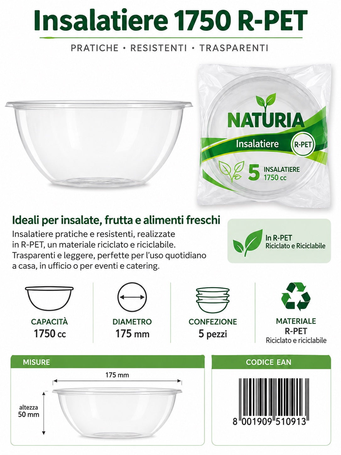 Prezzo Nettoinsalatiere 5Pz 1750Cc R-Pet 40Cf 451091