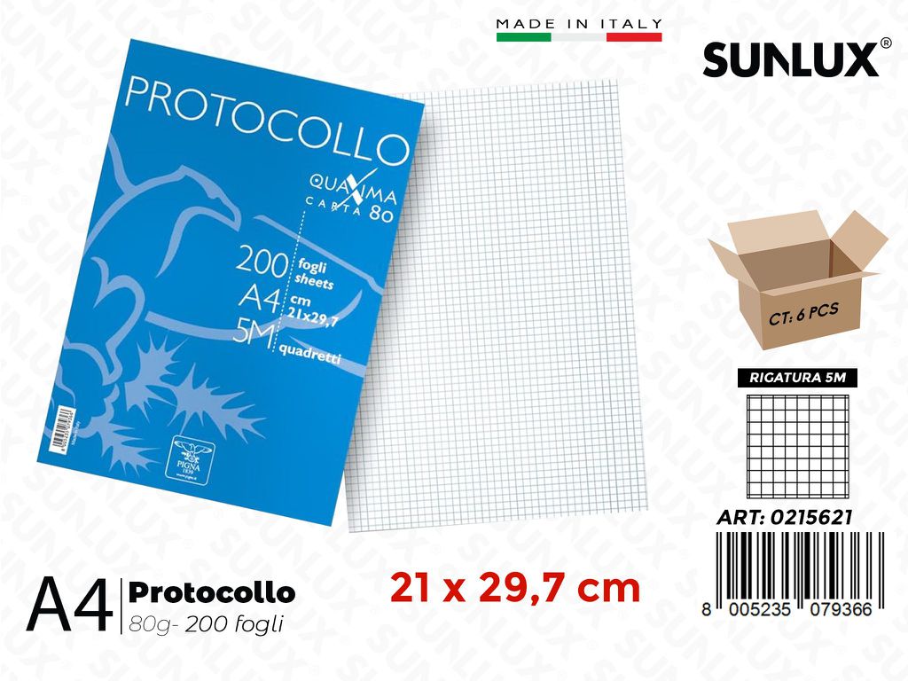 Protocollo Pigna F.to A4 Rig. 5M 200FF 80GR