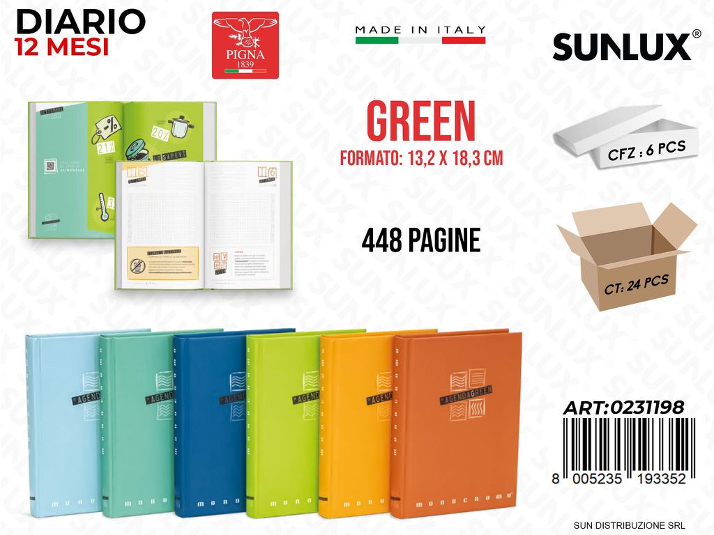 DIARIO PIGNA MONOCROMO GREEN12M. 13.2*18.3CM /PZ DA 6**