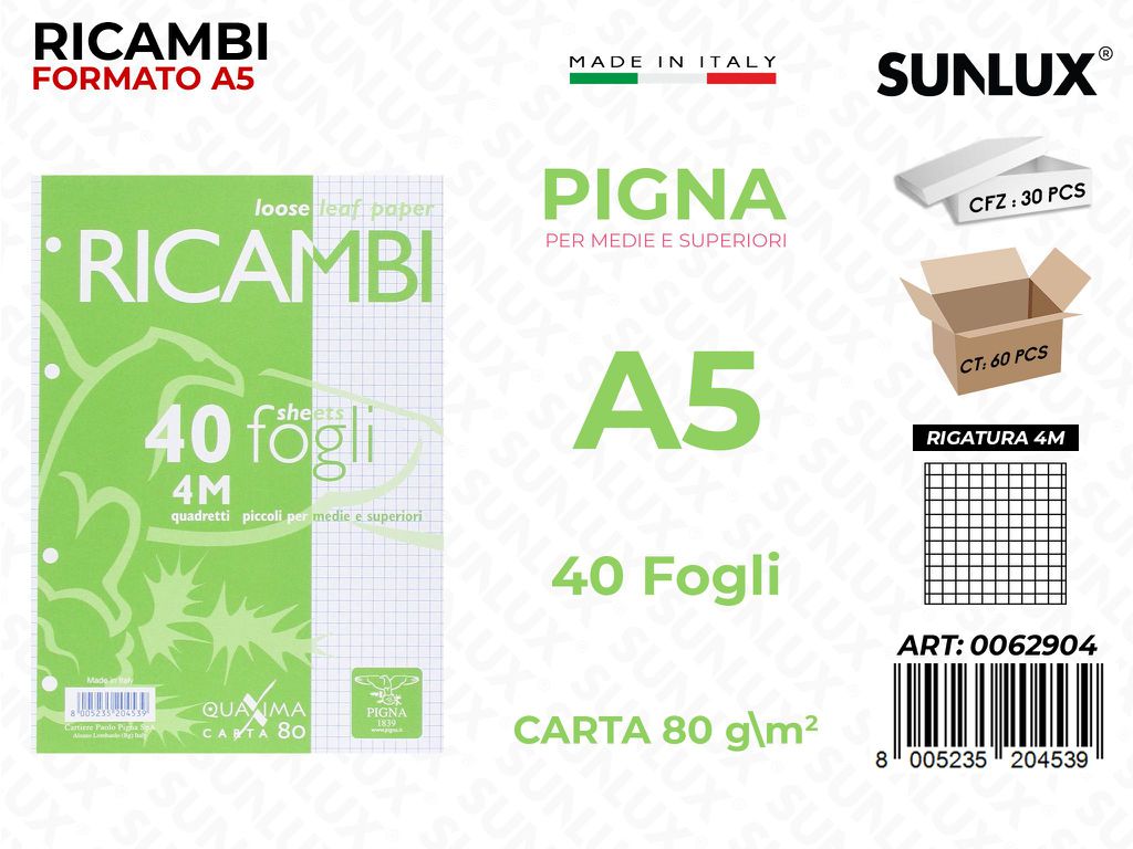 Ricambi Pigna F.to A5 Rig. 4M 40FF 80GR