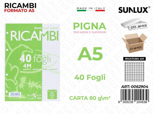 Ricambi Pigna F.to A5 Rig. 4M 40FF 80GR