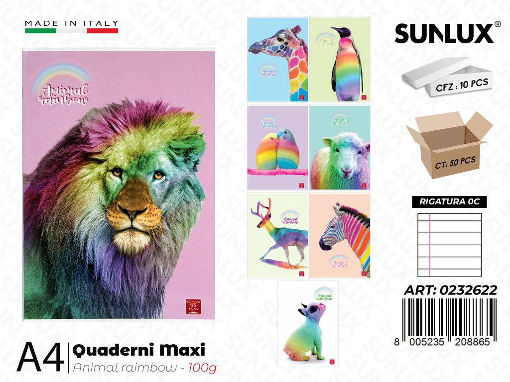 Maxi Quaderni A4 100G Rig. 0C Animal Rainbow