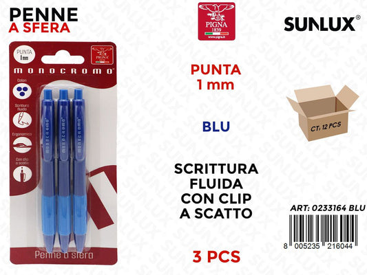 Pigna Monocr. Penne a Sfera Blu 1MM 3PCS