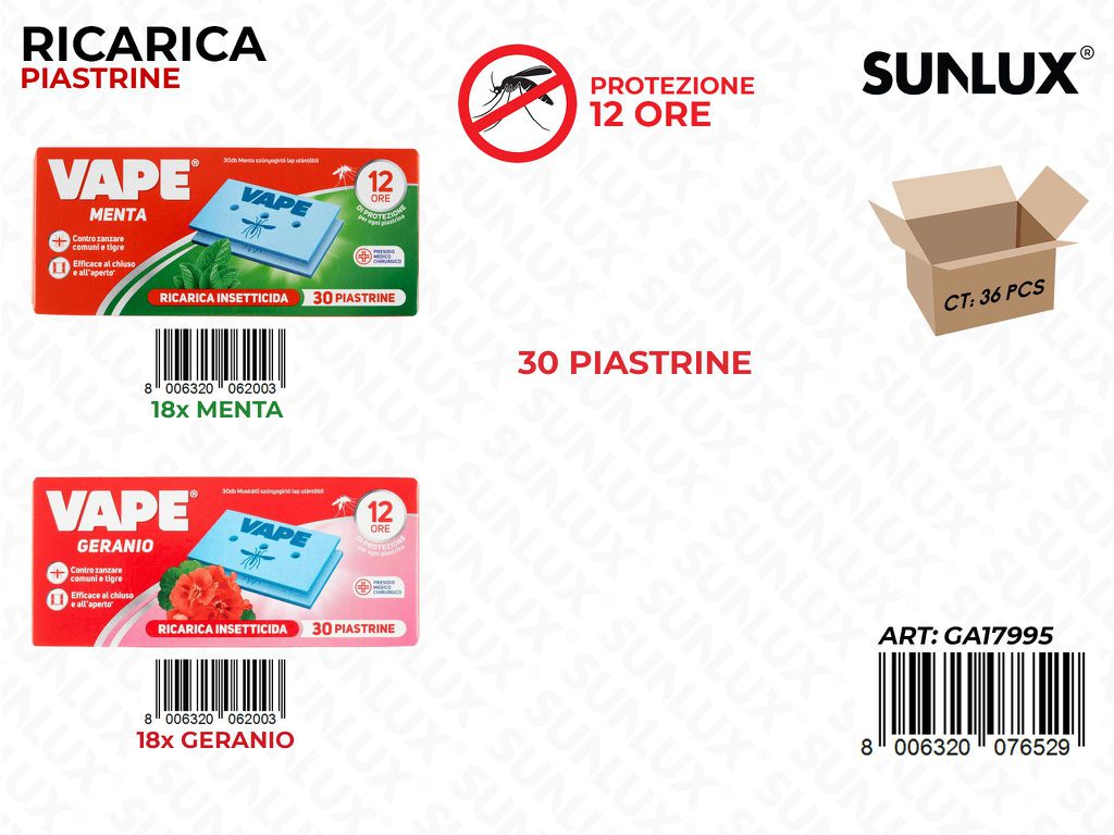 Vape Ric. 30 Piastrine Menta Geranio / Pz da 36